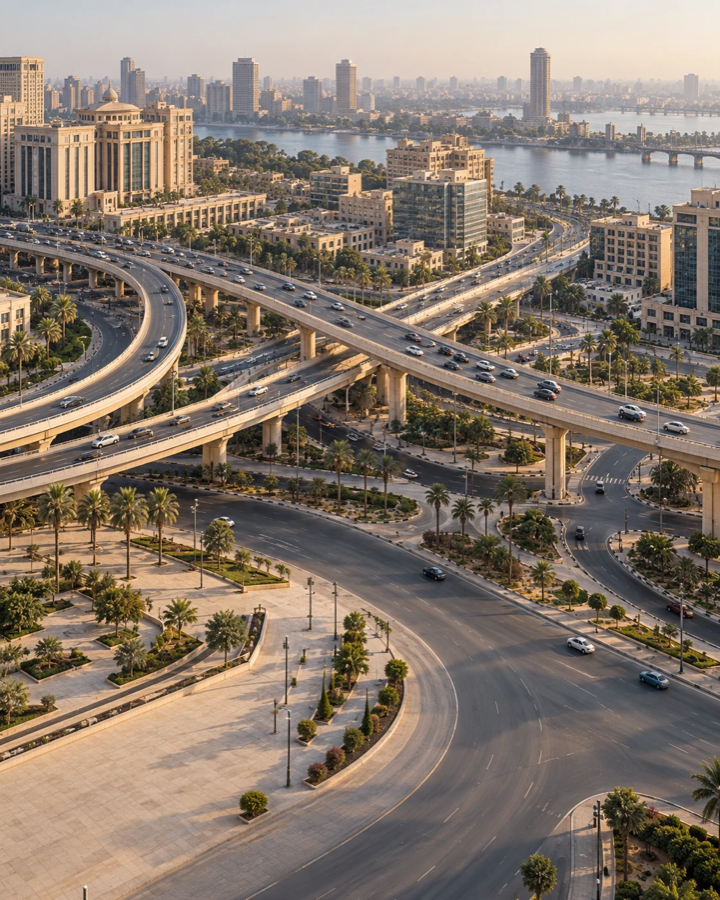 Illustrative urban interchange showing interconnected roads and bridges.