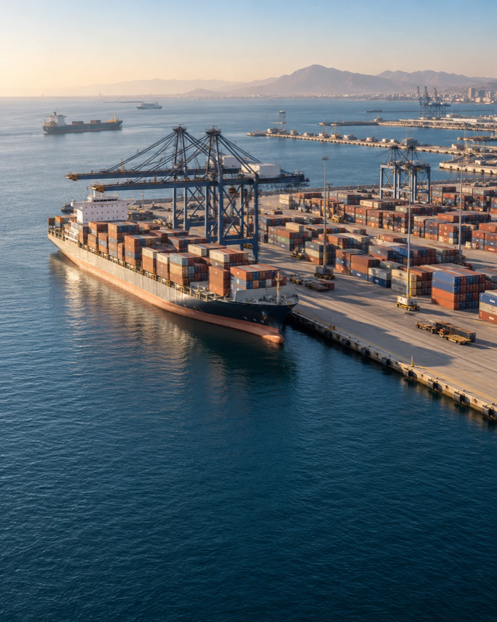 Illustrative commercial port with a container vessel and cranes.