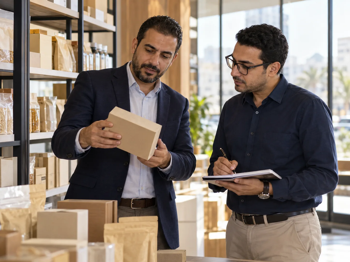 Illustration of two commercial professionals evaluating unbranded product samples.
