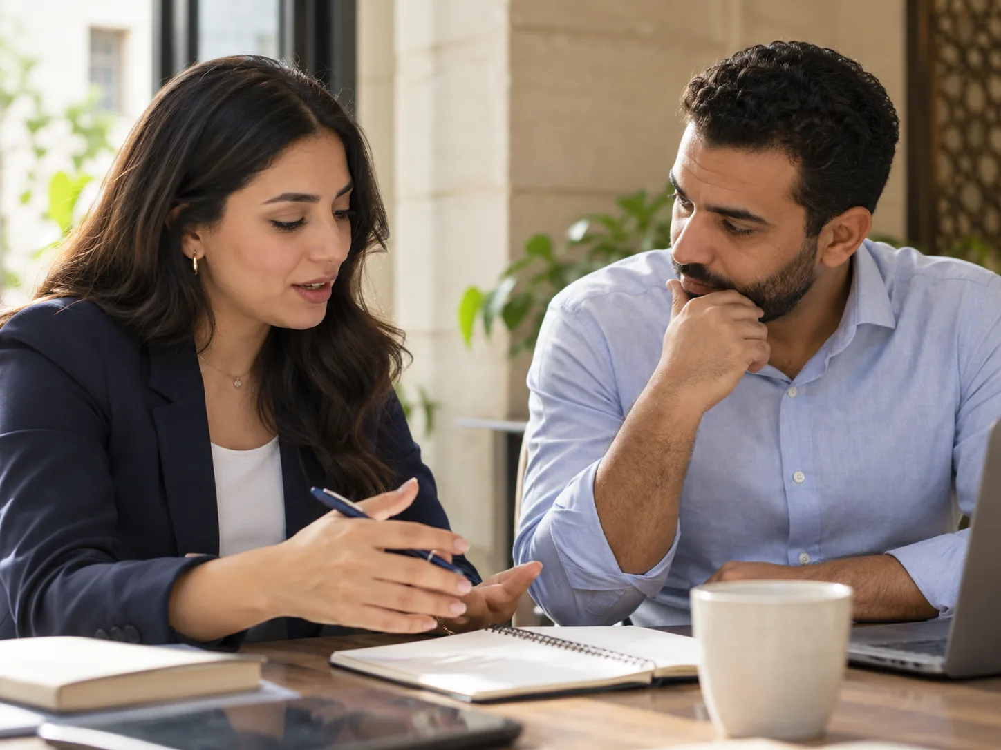 Illustration of two colleagues reviewing responsibilities at a table.
