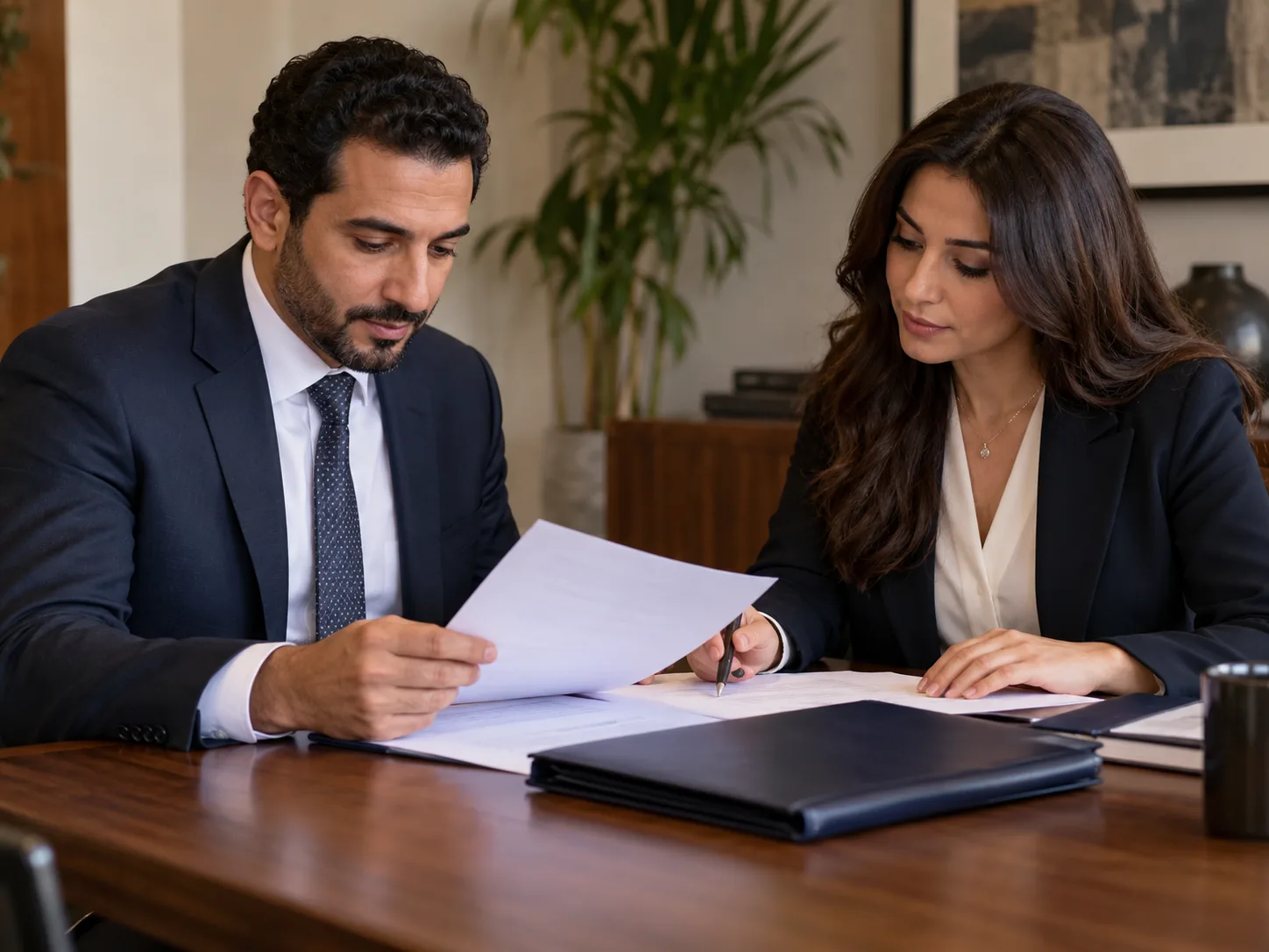 Illustration of two professionals reviewing paperwork at a meeting table.